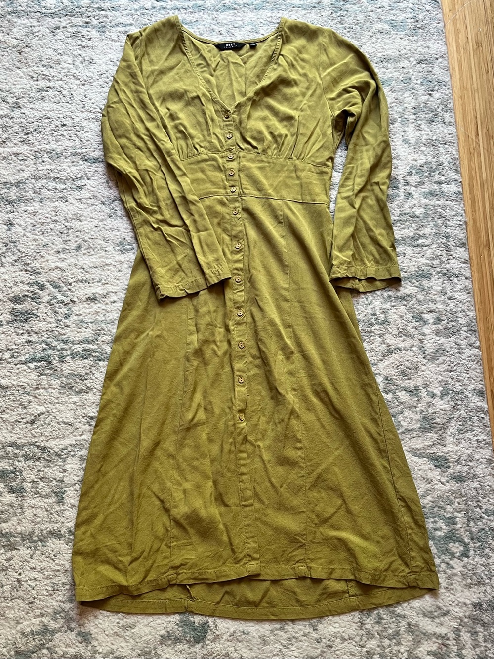 Obey Olive Green Button-Front Long Sleeve Midi Dress